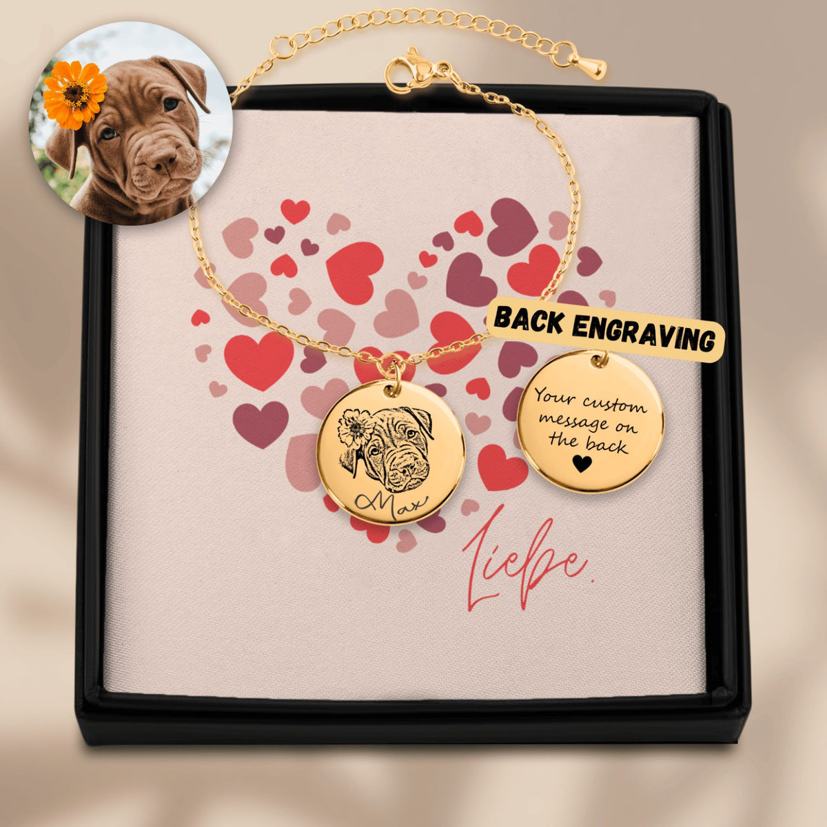 Personalisierter Schmuck: Hunde und Katzen Porträt Armband mit Text und liebevollen Spruch | Personalize Palace