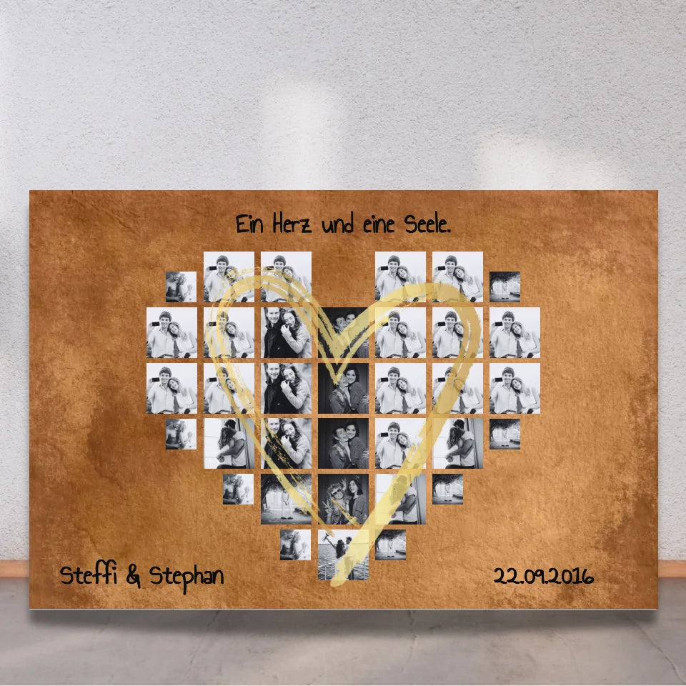 Personalisierte Leinwand: Fotoherz Collage in Schwarz und Weiß - Individuelles Photoboard | Personalize Palace