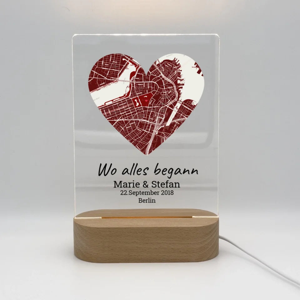 Personalisierte LED Bilder: Wo alles begann - Individuelles beleuchtetes LED Acryl Herz | Personalize Palace