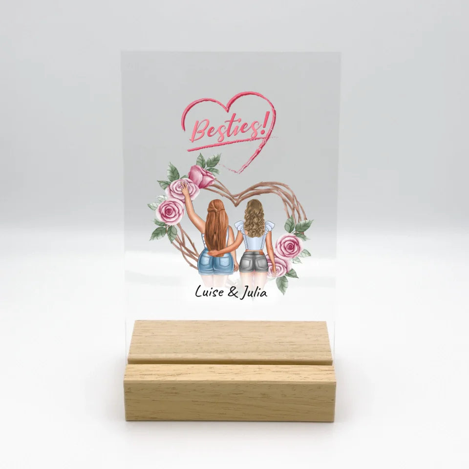 Personalisierte LED Bilder: Besties, Schwestern, Beste Freundinnen - individueller Acryl Glas Ständer mit LED | Personalize Palace
