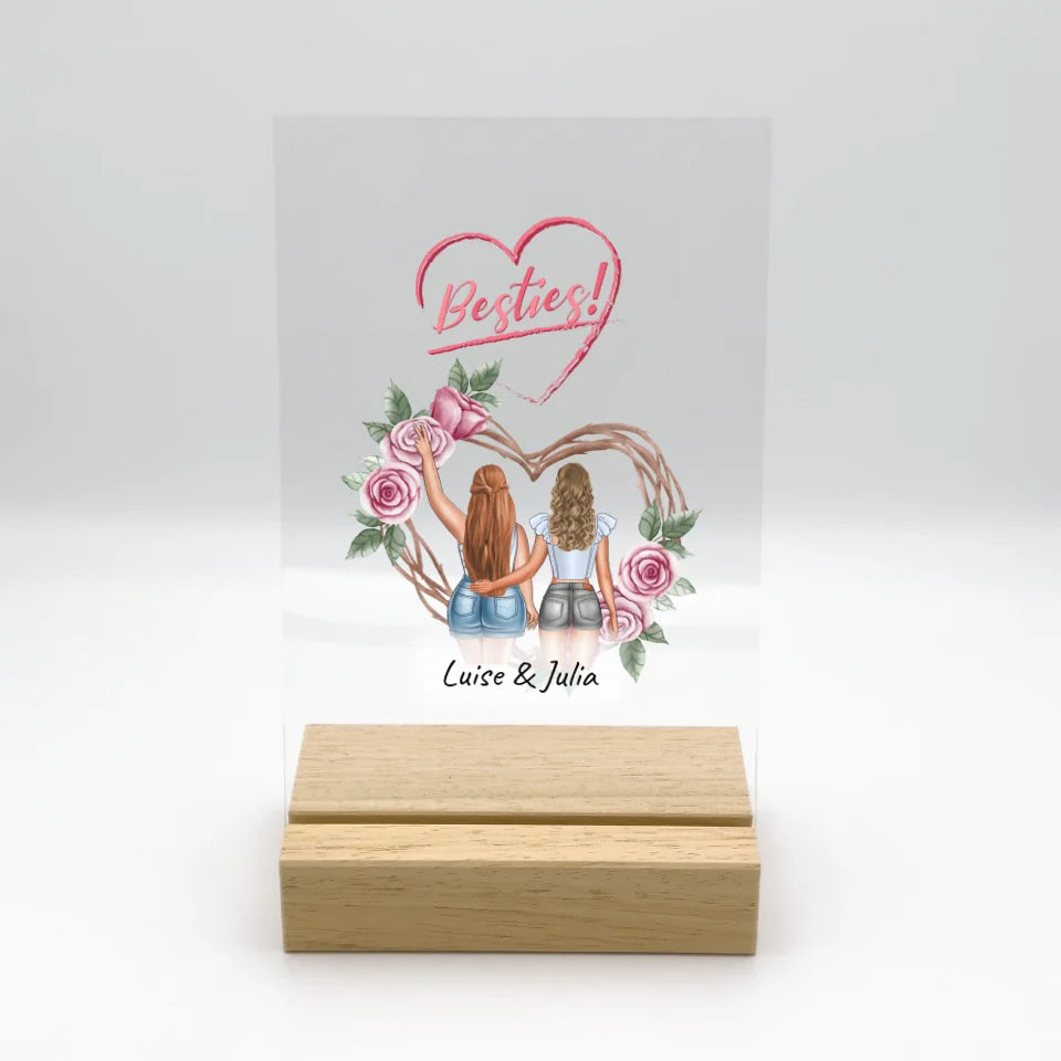 Personalisierte LED Bilder: Besties, Schwestern, Beste Freundinnen - individueller Acryl Glas Ständer mit LED | Personalize Palace