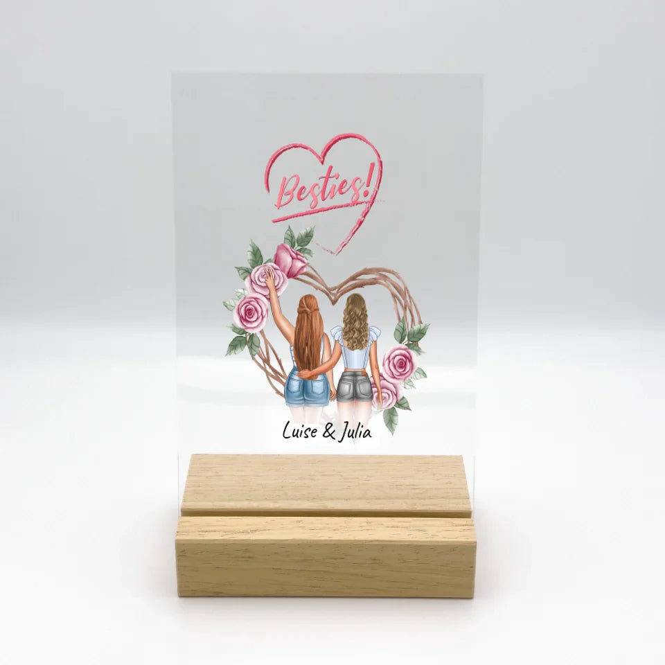 Personalisierte LED Bilder: Besties, Schwestern, Beste Freundinnen - individueller Acryl Glas Ständer mit LED | Personalize Palace