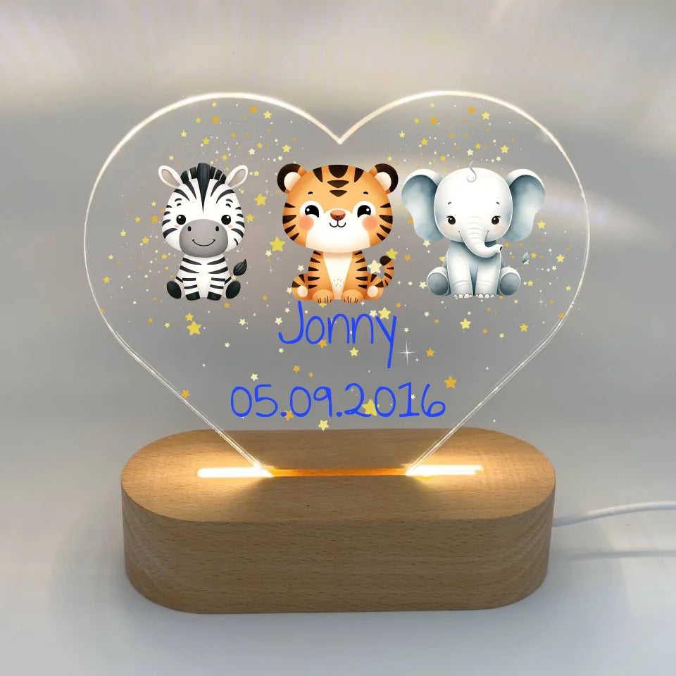 Personalisierte LED Bilder: Kinder Nachtlicht mit Safari Tieren - Individuelles LED Nachtlicht | Personalize Palace