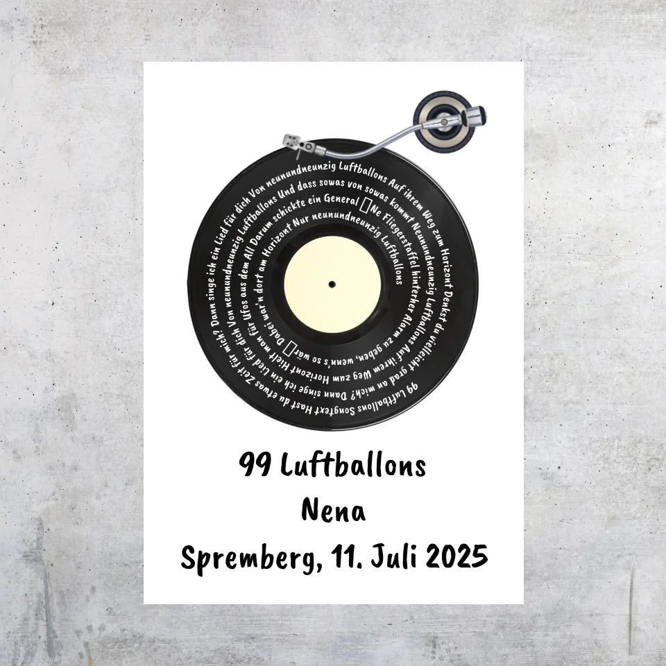 Personalisierte Bilder: Songtext auf Schallplatte, euer Lieblingssong - individuelles Poster mit Rahmen | Personalize Palace