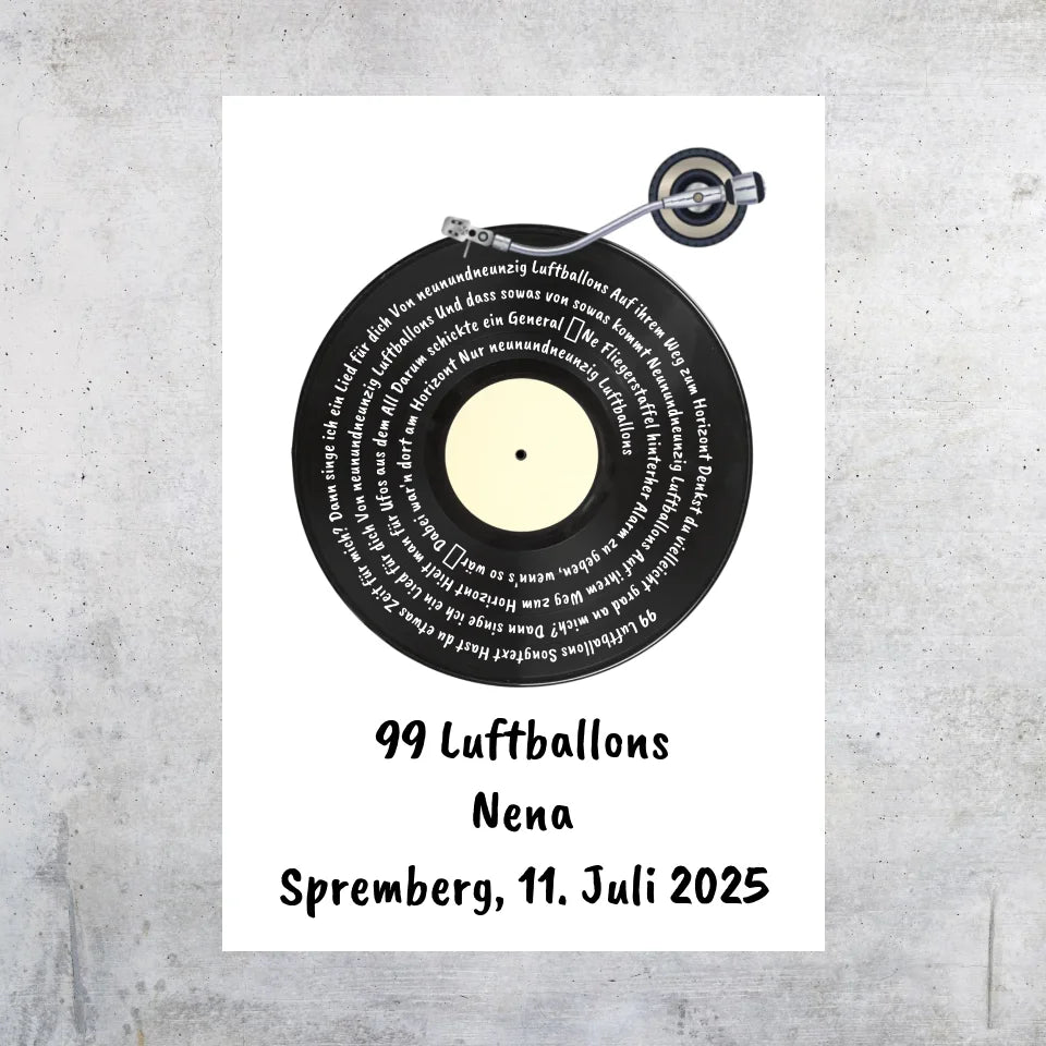 Personalisierte Bilder: Songtext auf Schallplatte, euer Lieblingssong - individuelles Poster mit Rahmen | Personalize Palace