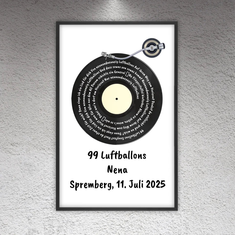 Personalisierte Bilder: Songtext auf Schallplatte, euer Lieblingssong - individuelles Poster mit Rahmen | Personalize Palace