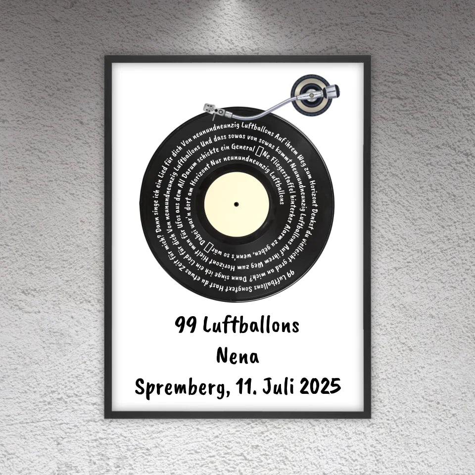 Personalisierte Bilder: Songtext auf Schallplatte, euer Lieblingssong - individuelles Poster mit Rahmen | Personalize Palace