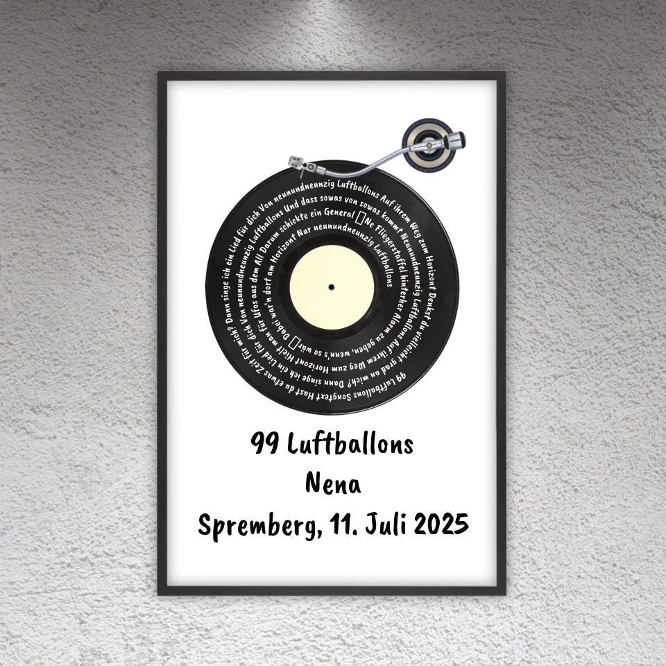 Personalisierte Bilder: Songtext auf Schallplatte, euer Lieblingssong - individuelles Poster mit Rahmen | Personalize Palace