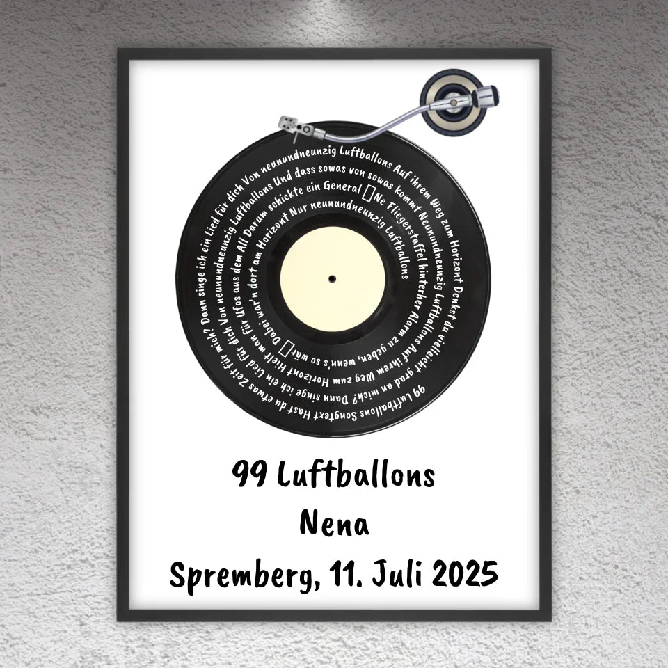 Personalisierte Bilder: Songtext auf Schallplatte, euer Lieblingssong - individuelles Poster mit Rahmen | Personalize Palace