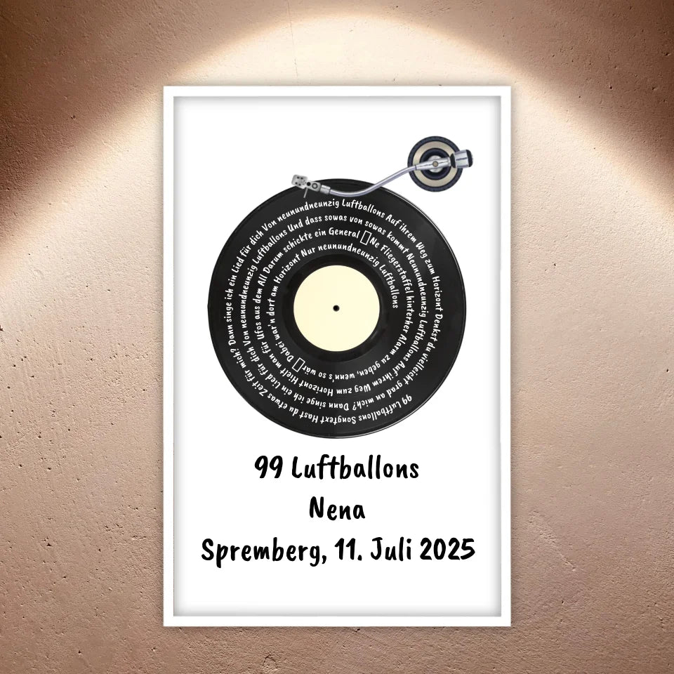 Song lyrics on vinyl record, your favorite song - personalized poster with frame