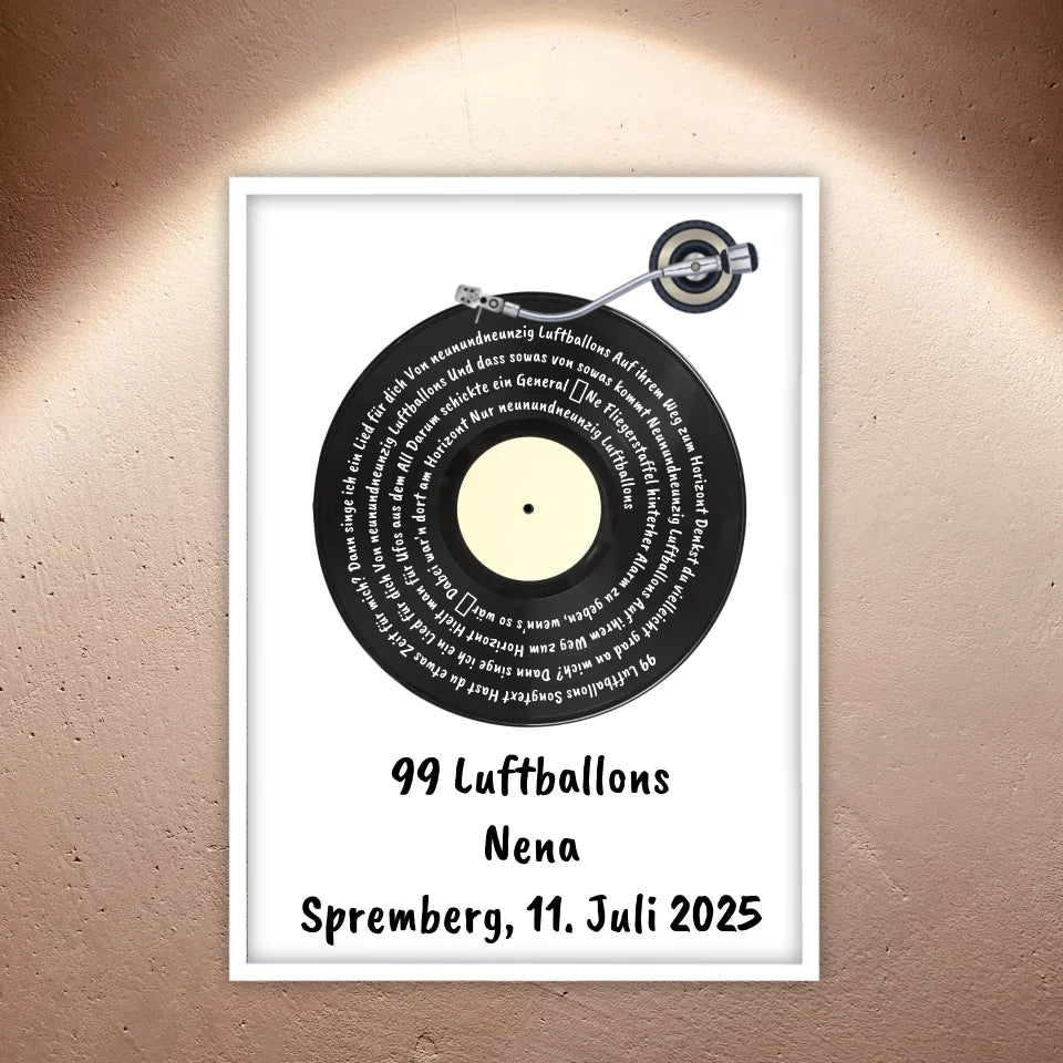 Song lyrics on vinyl record, your favorite song - personalized poster with frame