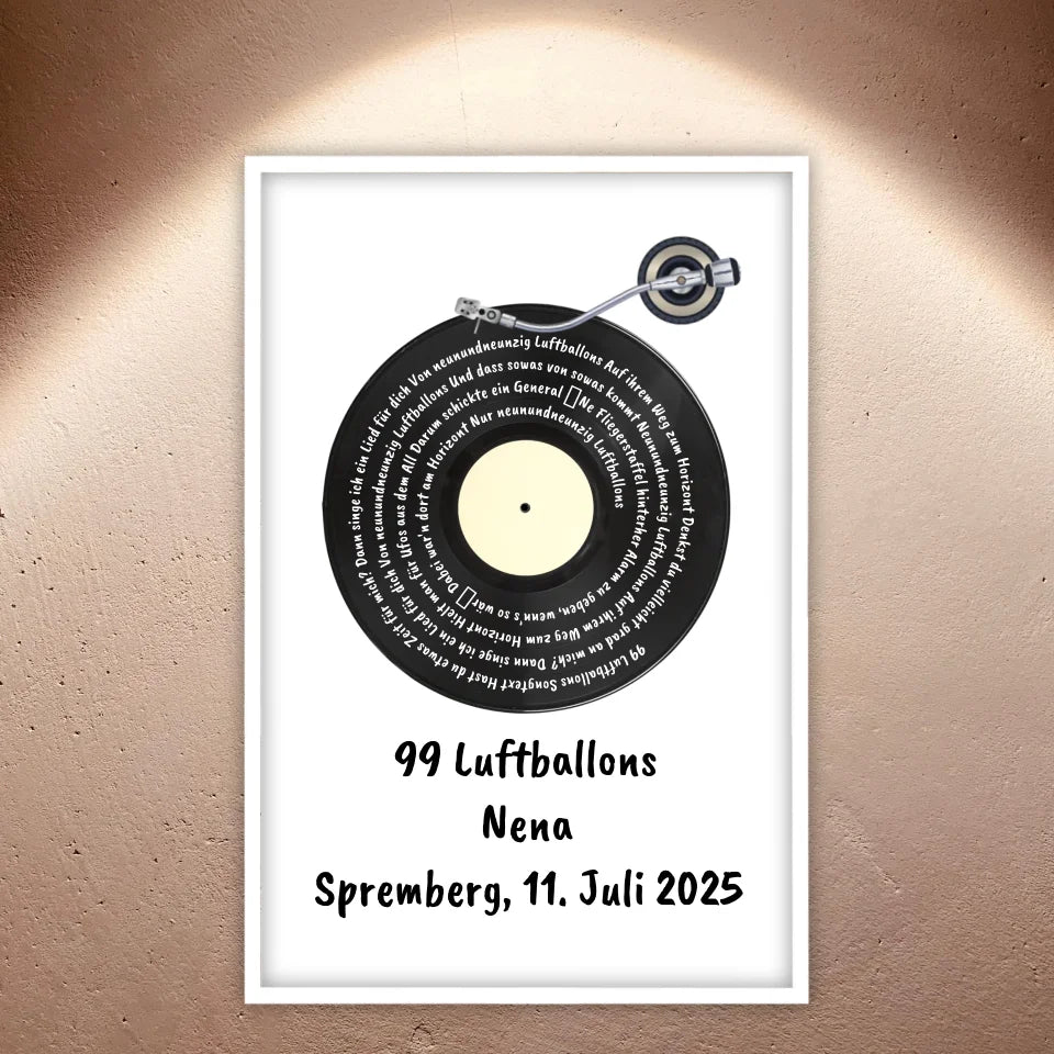 Song lyrics on vinyl record, your favorite song - personalized poster with frame