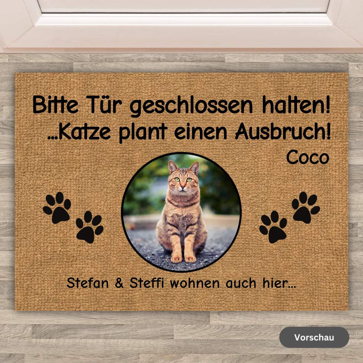 Personalisierte Fußmatte: HALLO und TSCHÜSS! Foto oder Cliparts - Individuelle Katzen Fußmatte | Personalize Palace
