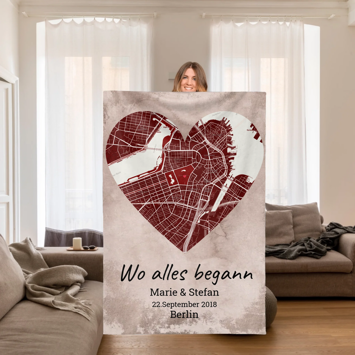 Personalisierte Decke: deine Decke mit Karte und Foto - individuelle Premium Kuscheldecke | Personalize Palace
