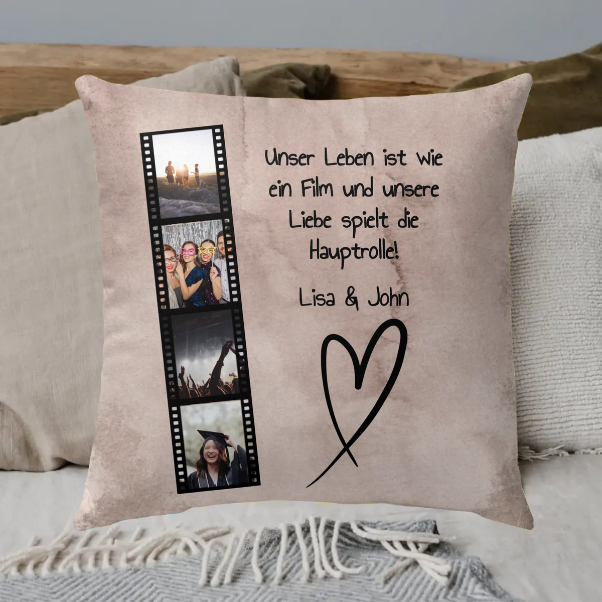 Fotorolle, Fotobox, Fotokissen Leben, Liebe, Film - Individuelles Kissen