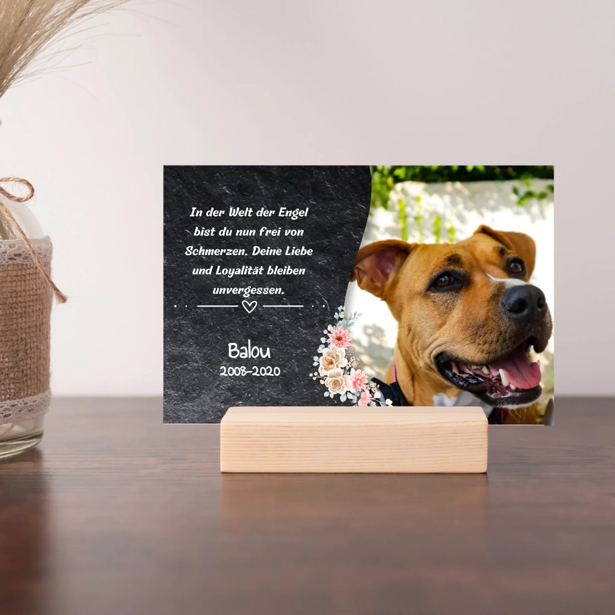 Personalisierte LED Bilder: Trauerschild mit Trauerspruch - Individuelles Acryl Glas mit Holzfuß | Personalize Palace