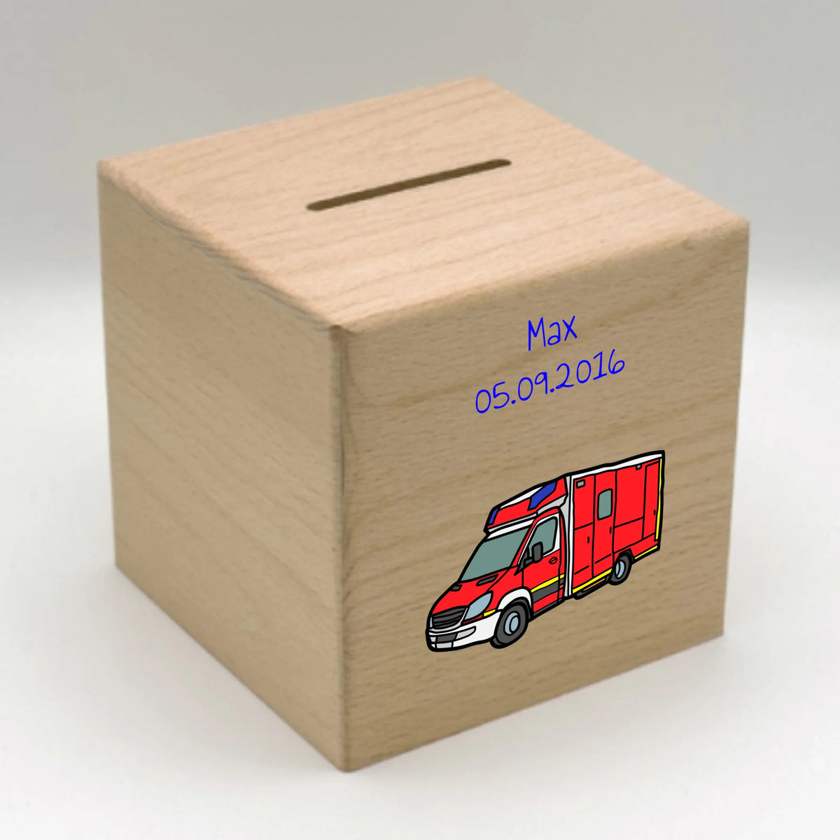 Personalisierte Spardose: Krankenwagen Bild mit Namen - individuelle Spardose für Kinder | Personalize Palace