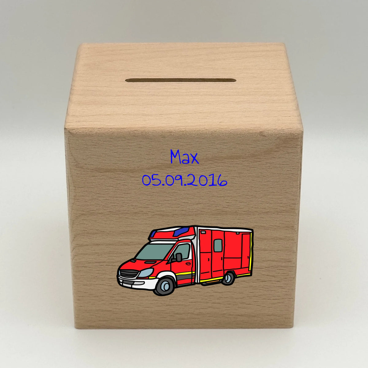 Personalisierte Spardose: Krankenwagen Bild mit Namen - individuelle Spardose für Kinder | Personalize Palace