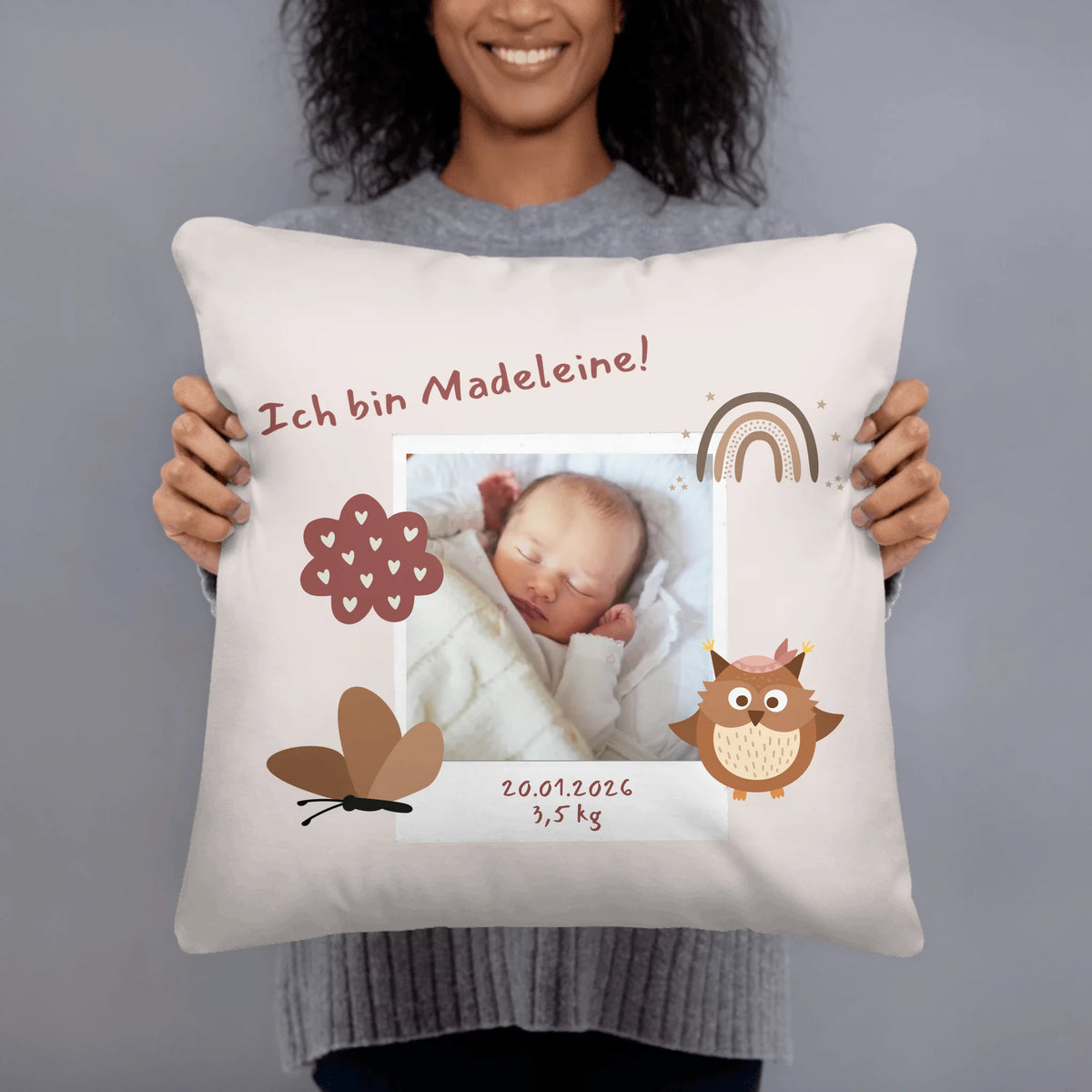 Babykissen mit Namen personalisiert – Kissen mit Foto als liebevolles Geschenk zur Geburt | Personalize Palace