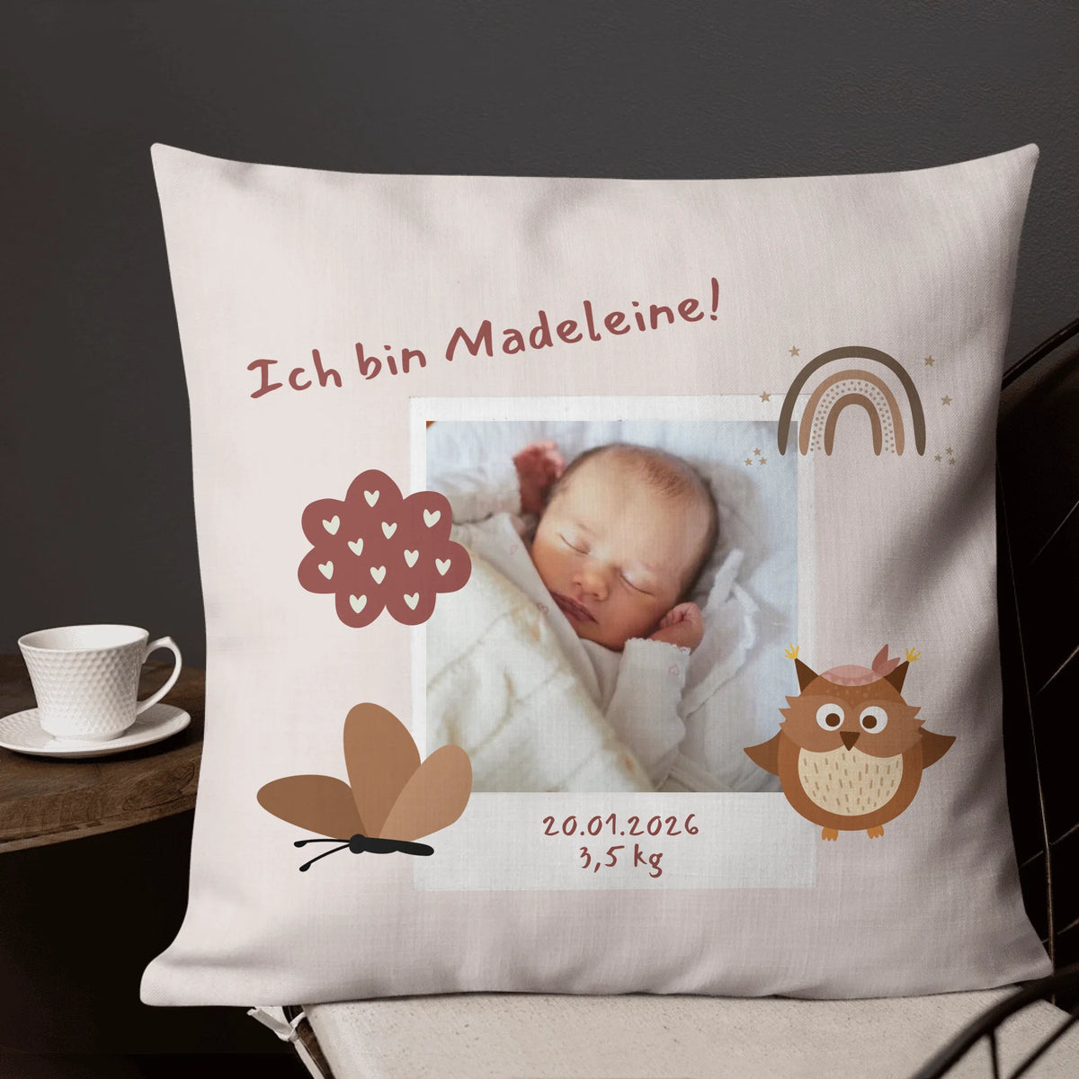 Babykissen mit Namen personalisiert – Kissen mit Foto als liebevolles Geschenk zur Geburt | Personalize Palace
