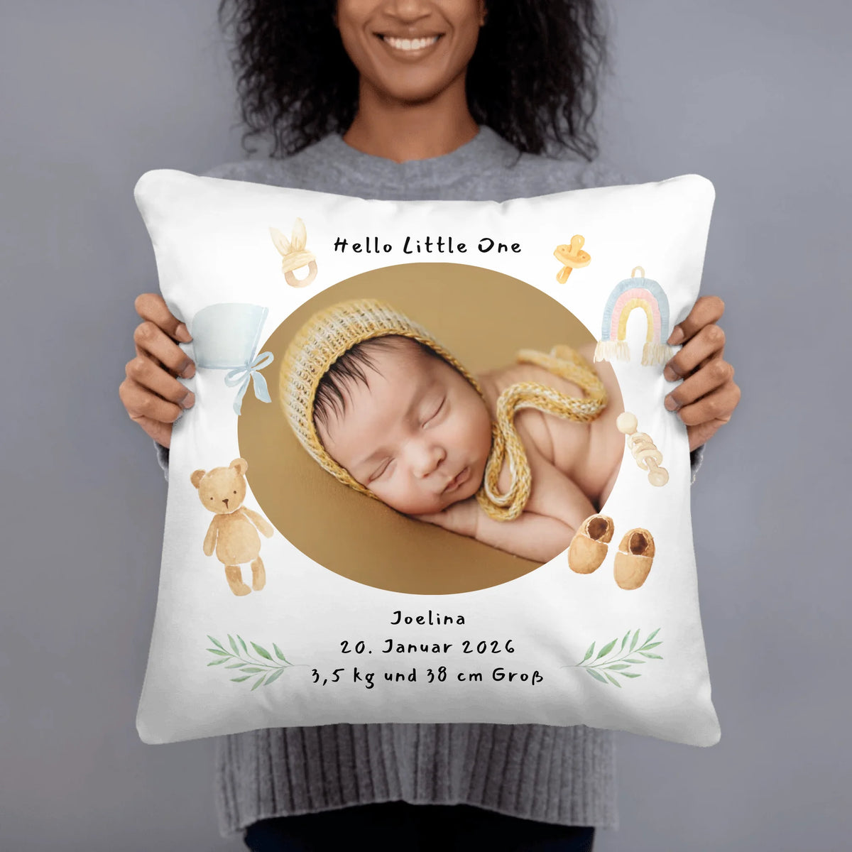 Personalisiertes Kissen mit Babyfoto – Babykissen mit Namen | Geschenkidee zur Geburt | Personalize Palace