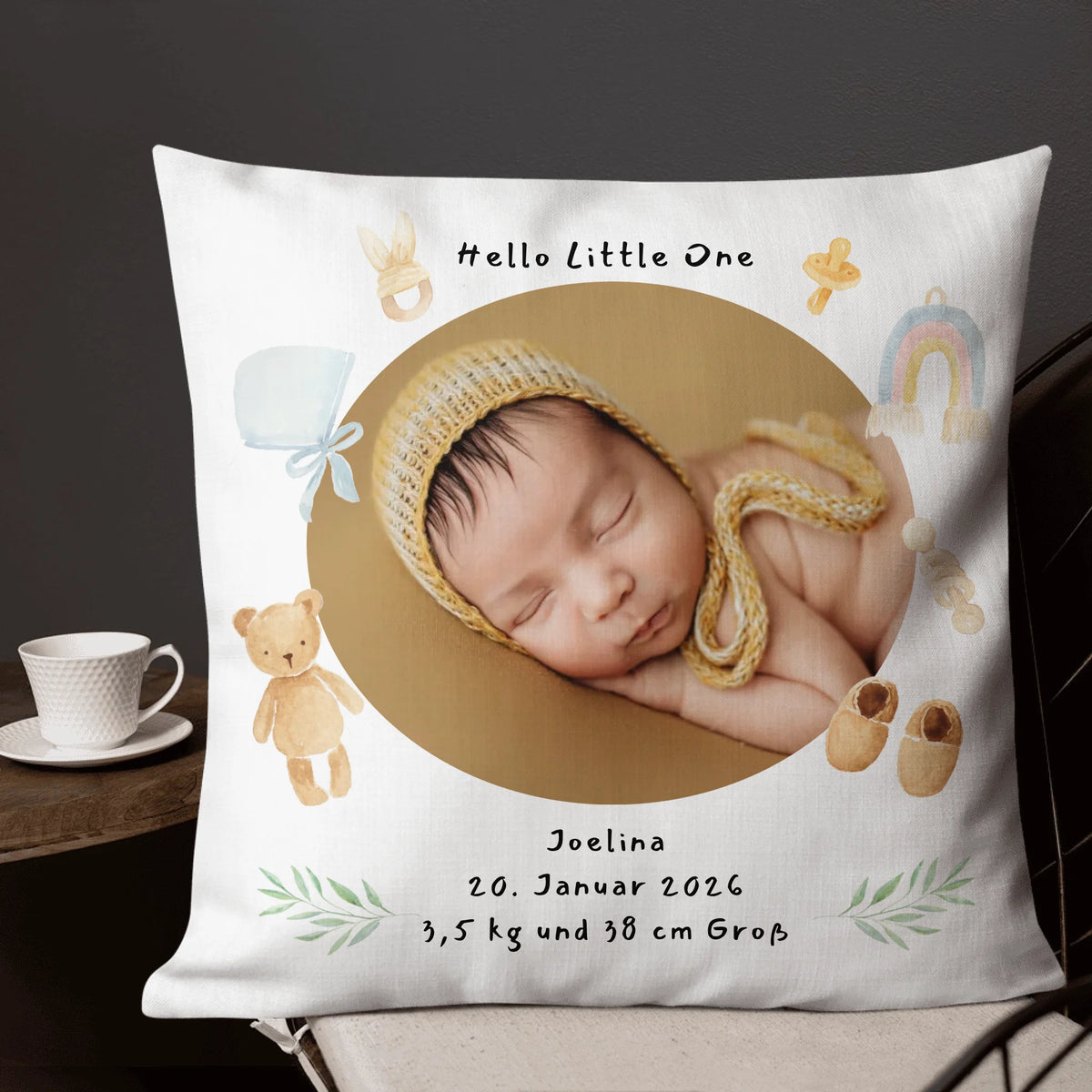 Personalisiertes Kissen mit Babyfoto – Babykissen mit Namen | Geschenkidee zur Geburt | Personalize Palace