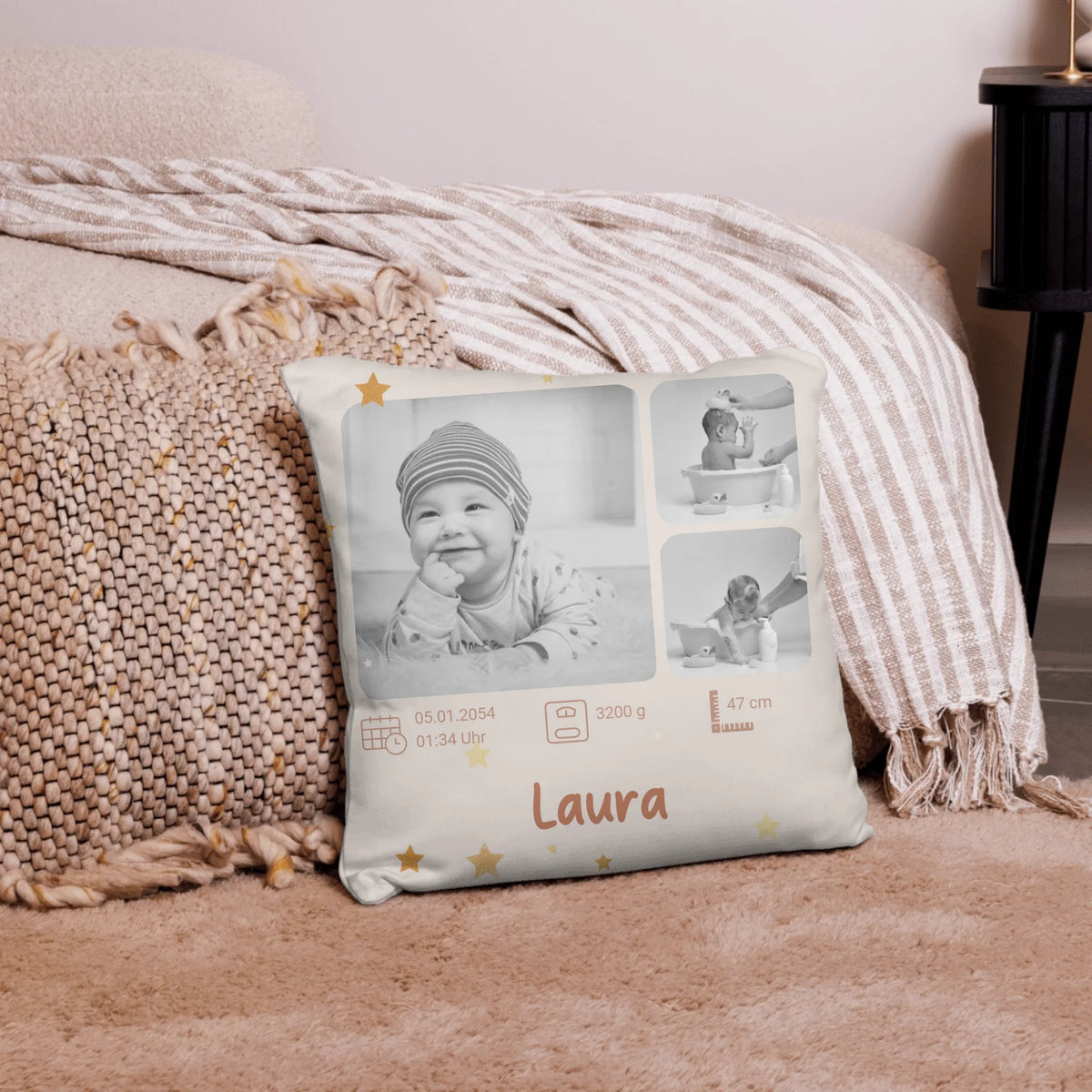 Babykissen personalisiert mit Foto – Kissen mit Name & Geburtsdaten | Geschenk zur Geburt | Personalize Palace
