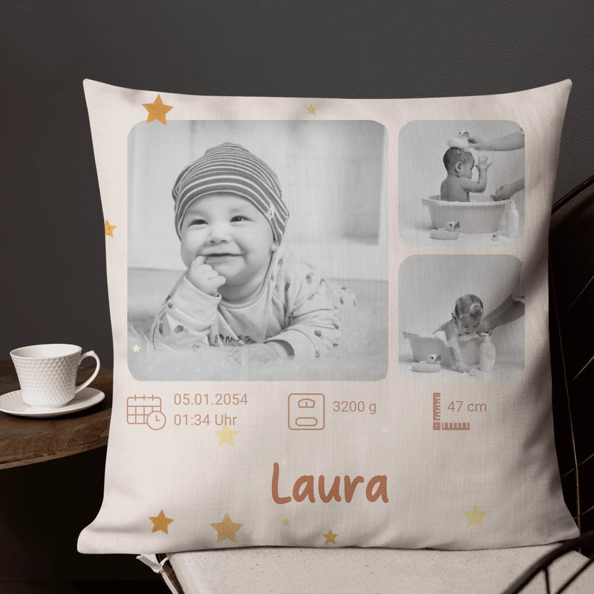 Babykissen personalisiert mit Foto – Kissen mit Name & Geburtsdaten | Geschenk zur Geburt | Personalize Palace