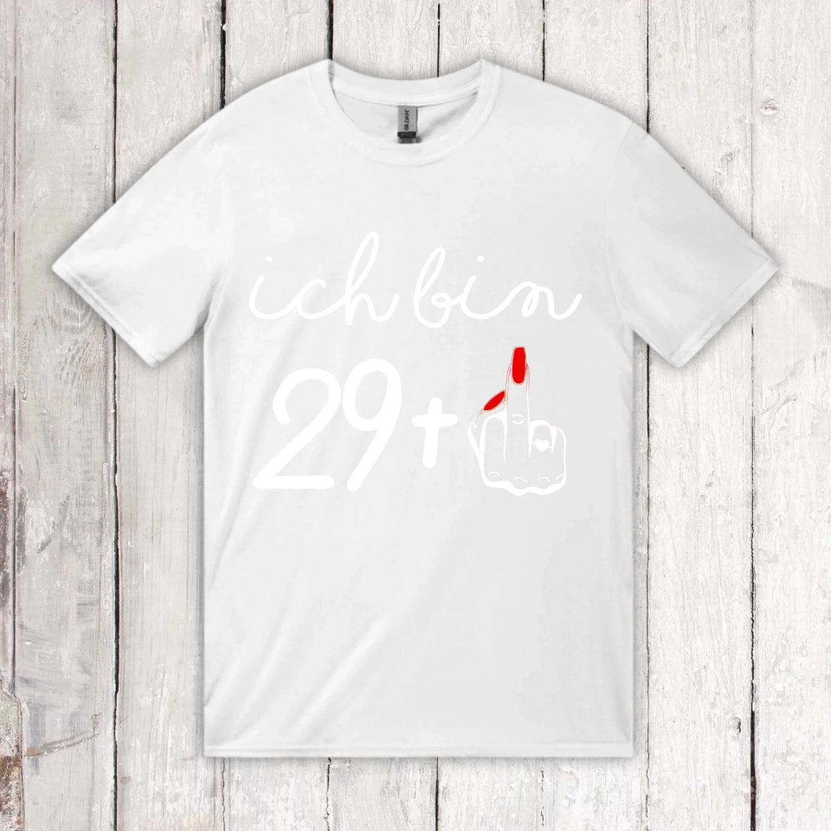Ich bin 29, 39, 49 plus Mittelfinger – individuelles Geburtstags T-Shirt | Personalize Palace