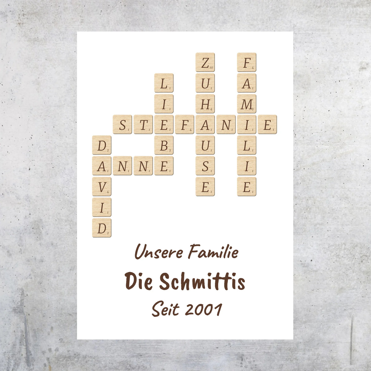 Scrabble deine Namen - individuelle Poster mit Galerierahmen oder als Leinwand | Personalize Palace