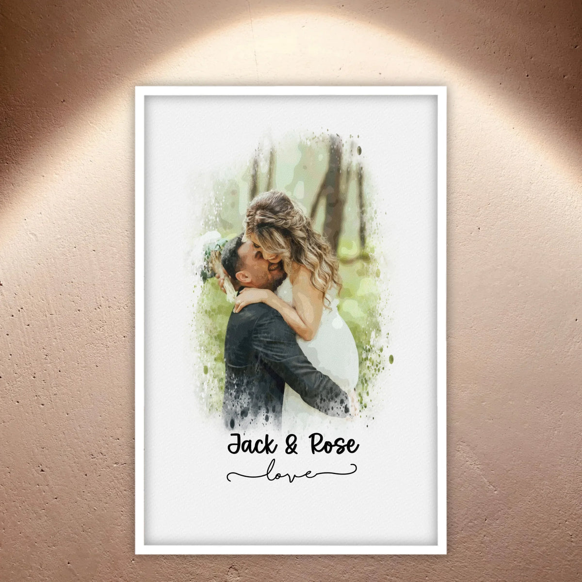 Wedding photo, couple canvas, portrait in watercolors - individual poster with gallery frame