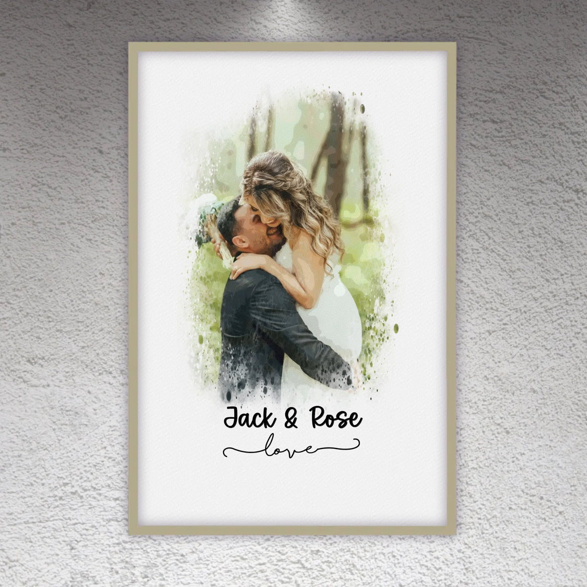 Wedding photo, couple canvas, portrait in watercolors - individual poster with gallery frame