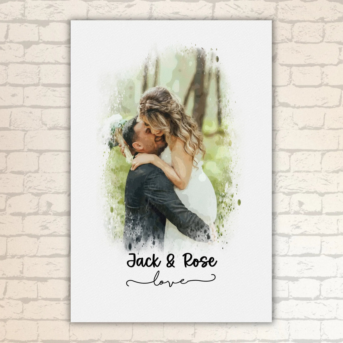 Wedding photo, couple canvas, portrait in watercolors - individual poster with gallery frame