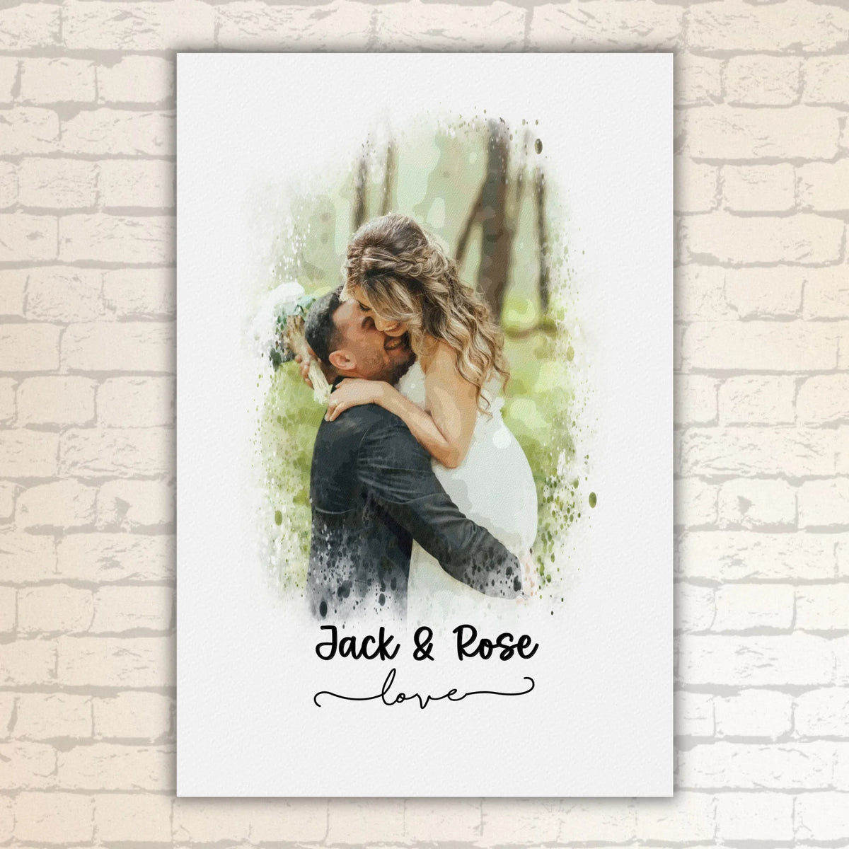 Wedding photo, couple canvas, portrait in watercolors - individual poster with gallery frame