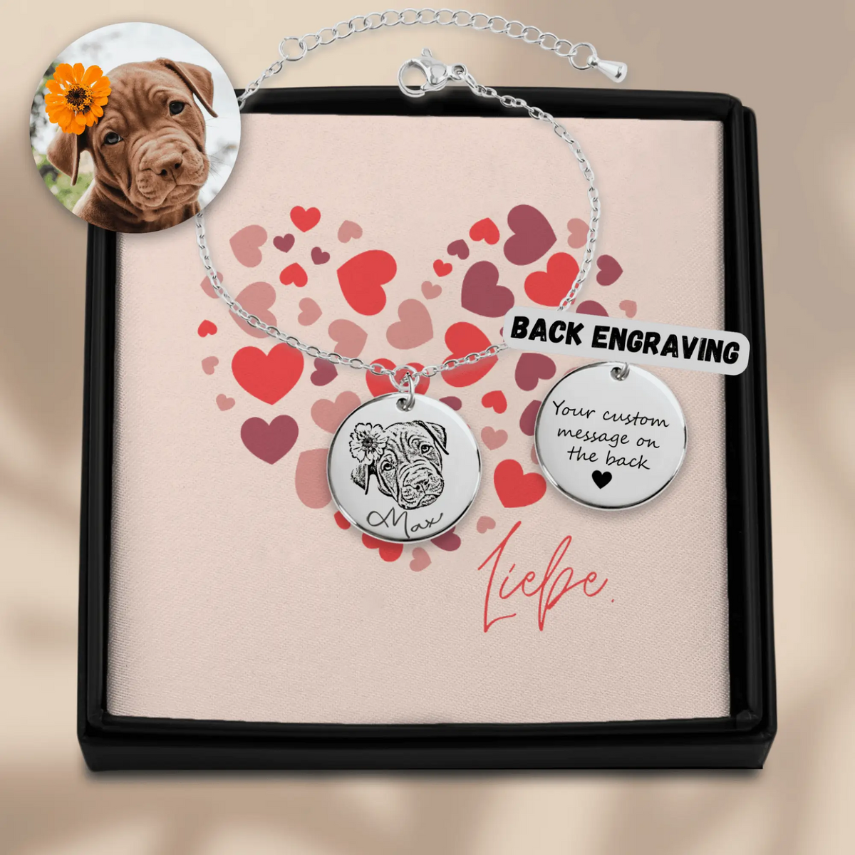 Personalisierter Schmuck: Hunde und Katzen Porträt Armband mit Text und liebevollen Spruch | Personalize Palace