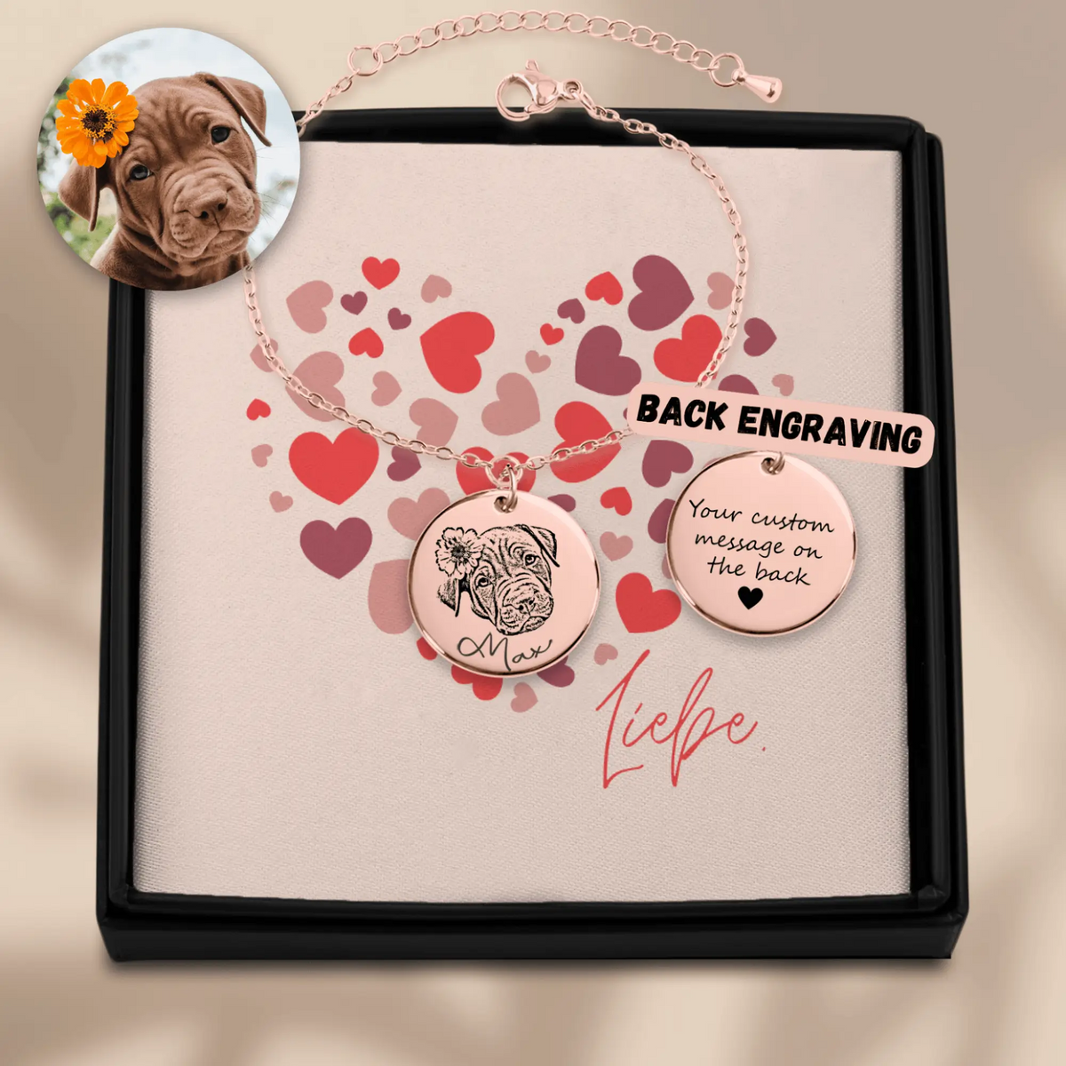 Personalisierter Schmuck: Hunde und Katzen Porträt Armband mit Text und liebevollen Spruch | Personalize Palace